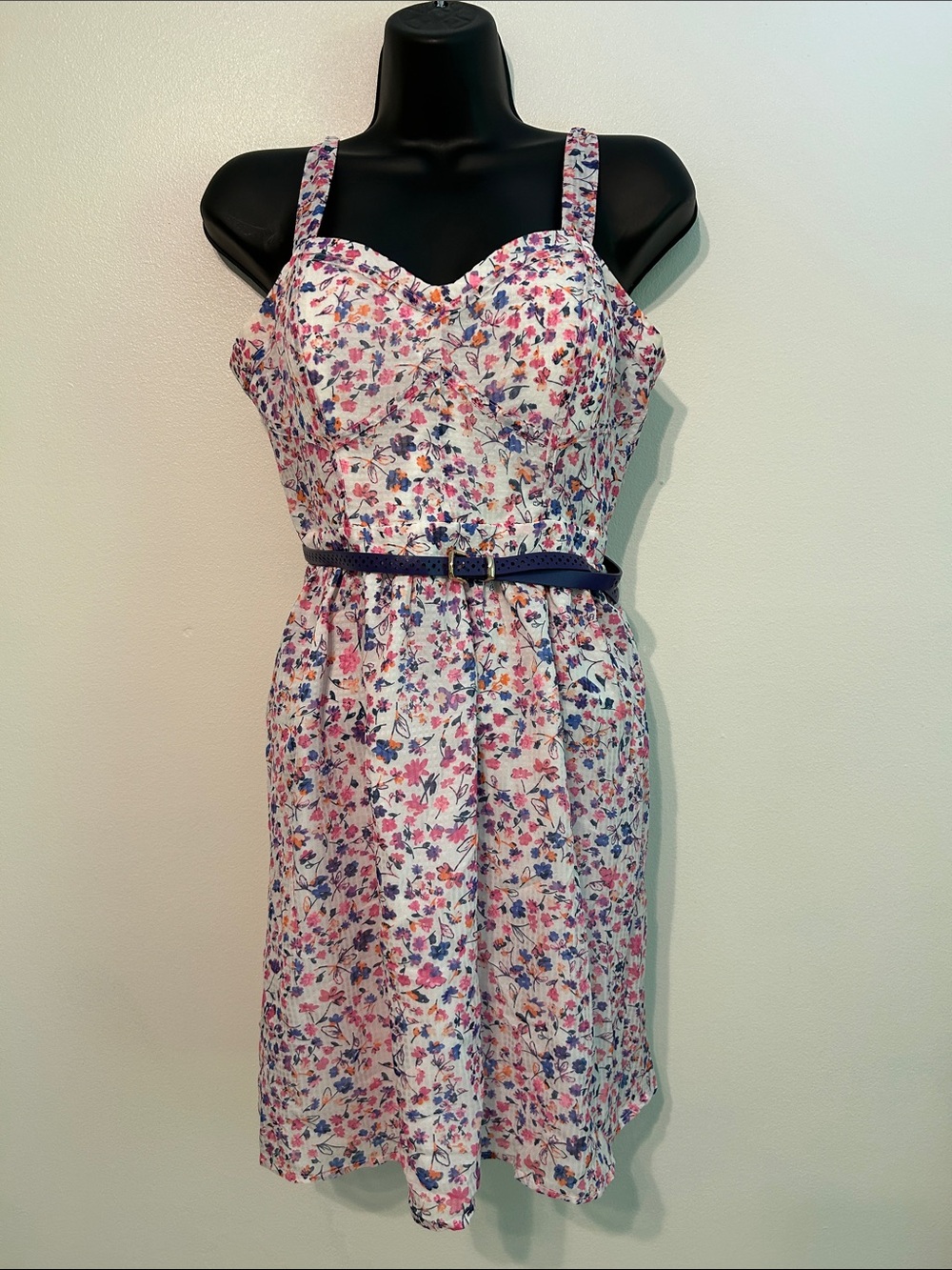 Candie's White Floral Mini Dress with Pink and Purple Accents Smocked Back Belt